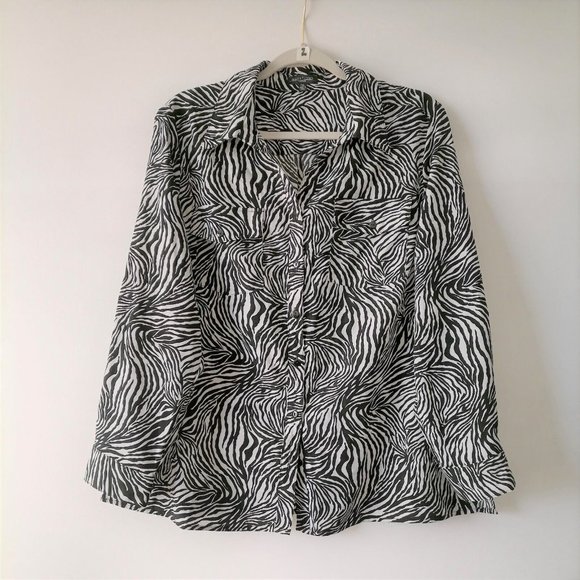 Notations Womens Black Roll Tab Sleeve Zebra Striped Button-Up Shirt Size PXL - Picture 1 of 7